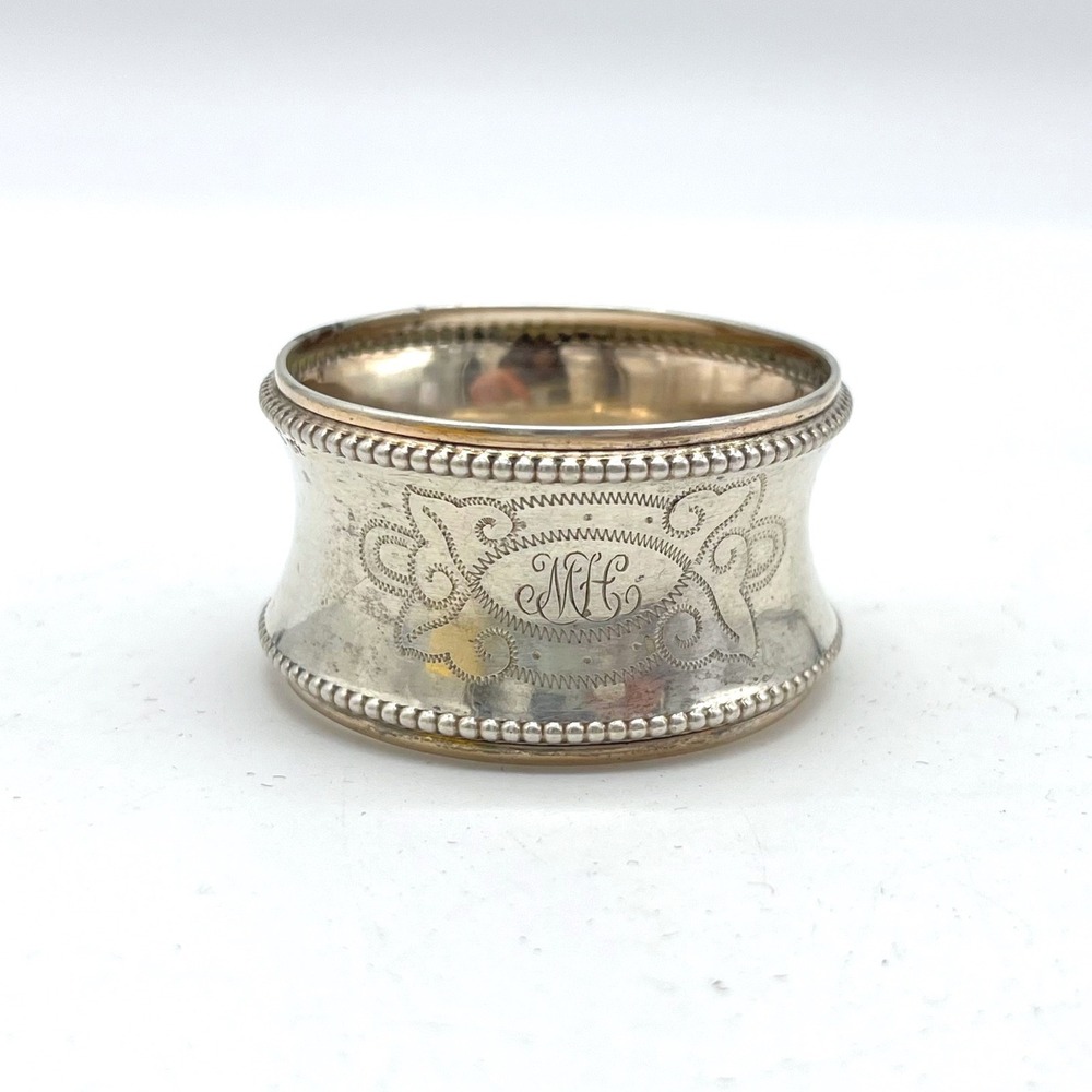 Antique 830 Silver Napkin Ring Monogram MH Beaded Scroll Engraved 10.4g